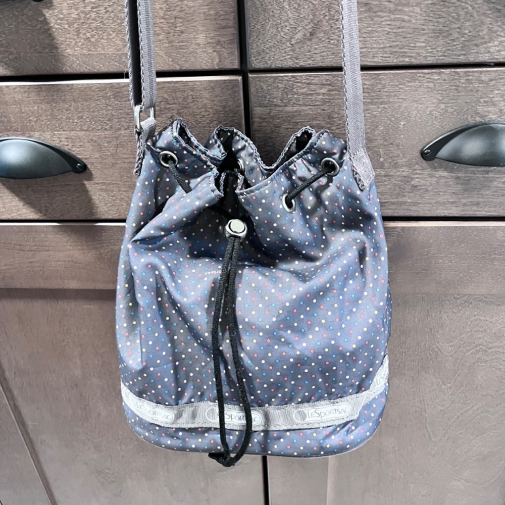 LeSportSac Drawstring Bucket Gray Nylon Crossbody Bag